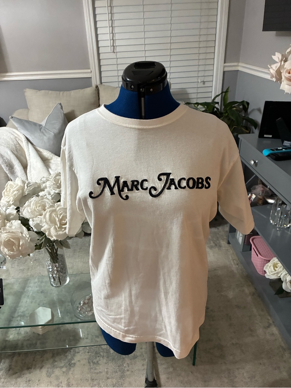 Marc Jacobs Cream Short-Sleeve Logo Tee with Beaded Embroidery